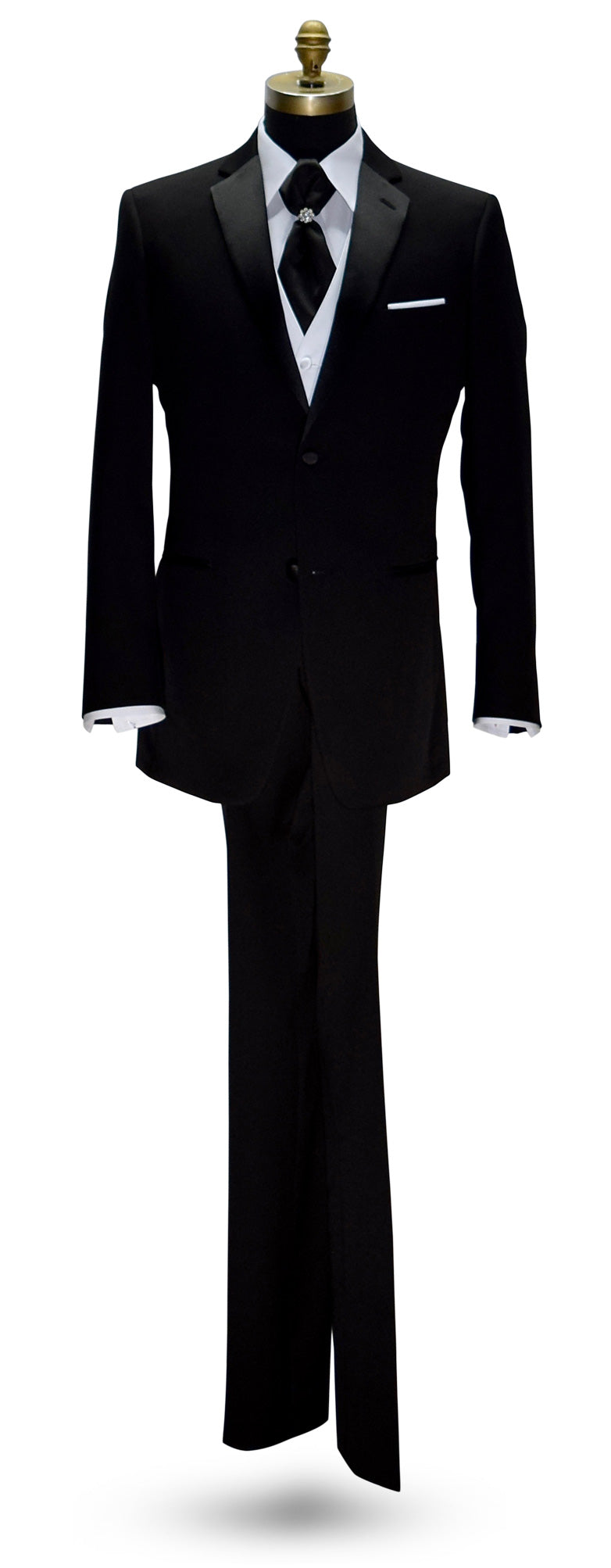 black notch-lapel tuxedo with a white dress shirt and a black ascot with a four-button white tuxedo vest and black tuxedo pants against a white background