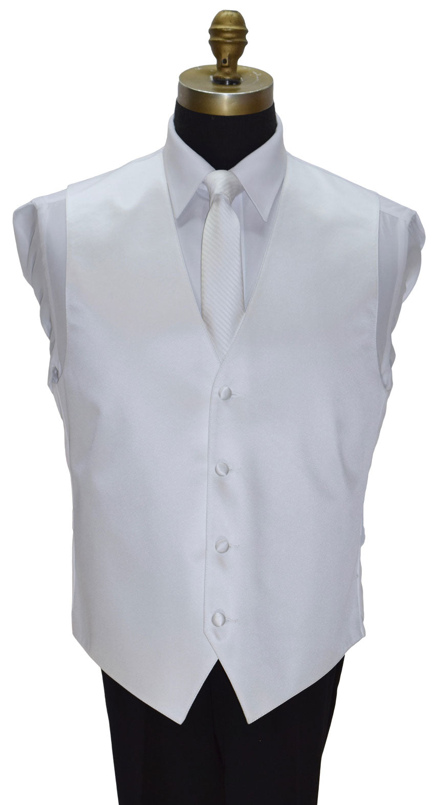 close-up mannequin wearing a white four-button tuxedo vest with a white long necktie with white subtle stripe