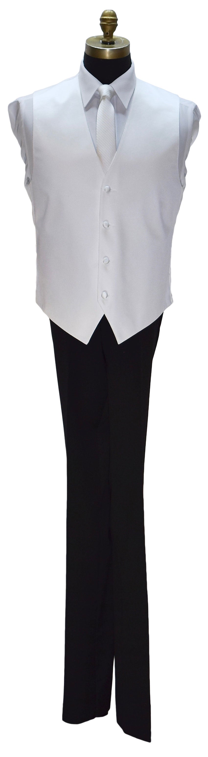 life size mannequin wearing a white four-button tuxedo vest with a white long necktie with white subtle stripe with black tuxedo pants against a white background