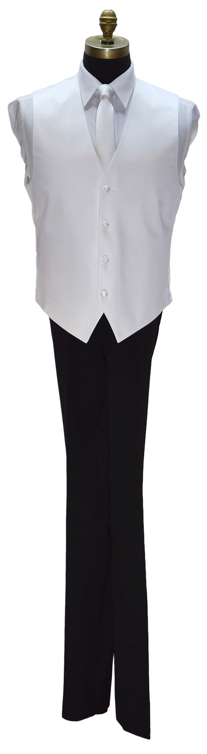 life size mannequin wearing a white four-button tuxedo vest with a white long necktie with white subtle stripe with black tuxedo pants against a white background