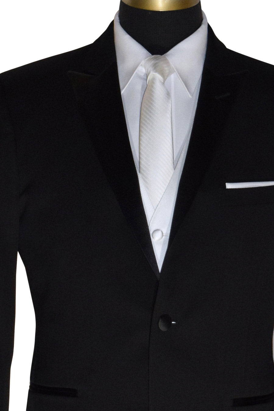 very close up - mannequin black tuxedo with "San Miguel Especial" branded label wearing a white vest and white long necktie with white subtle stripe against a white background