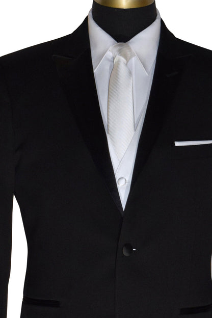 very close up - mannequin black tuxedo with "San Miguel Especial" branded label wearing a white vest and white long necktie with white subtle stripe against a white background