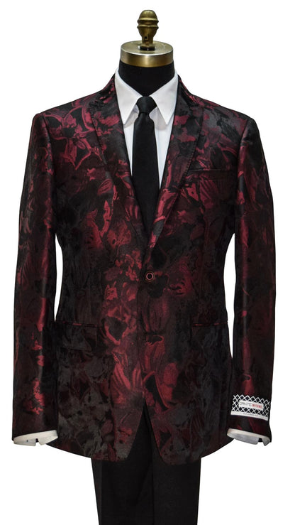 Red and black patterned dinner jacket with a "Dante Inferno" branded label on a mannequin with a white shirt and black satin skinny dress-tie