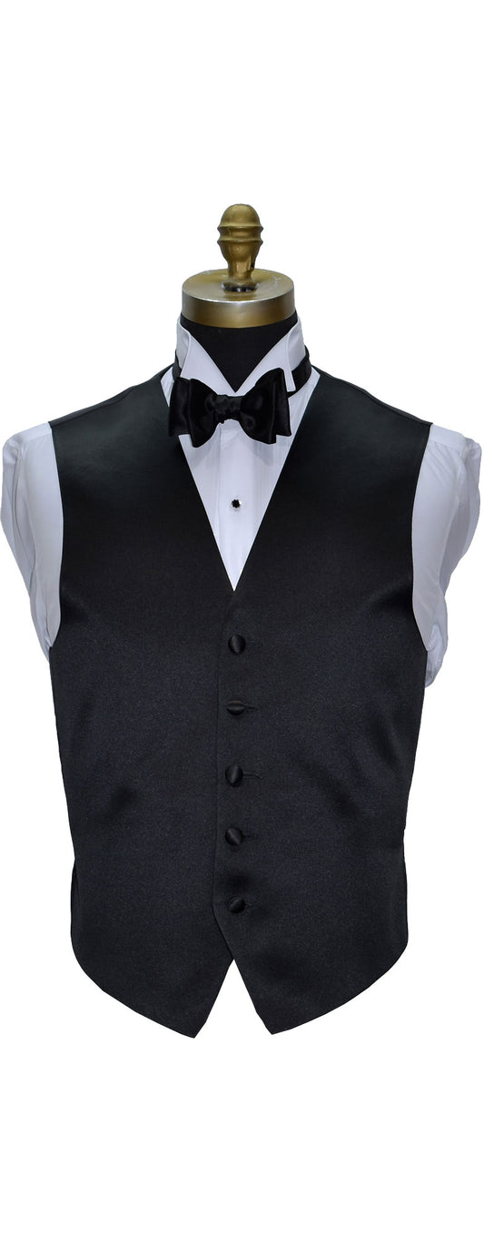 Black satin five-button tuxedo vest with white shirt and black bow tie on a mannequin against a white background