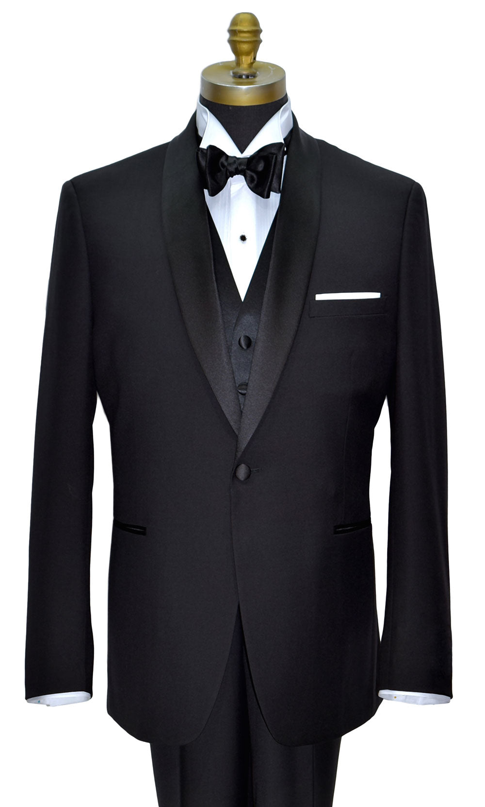 Front view of a black one button shawl collar tuxedo 
