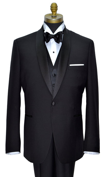 Front view of a black one button shawl collar tuxedo 