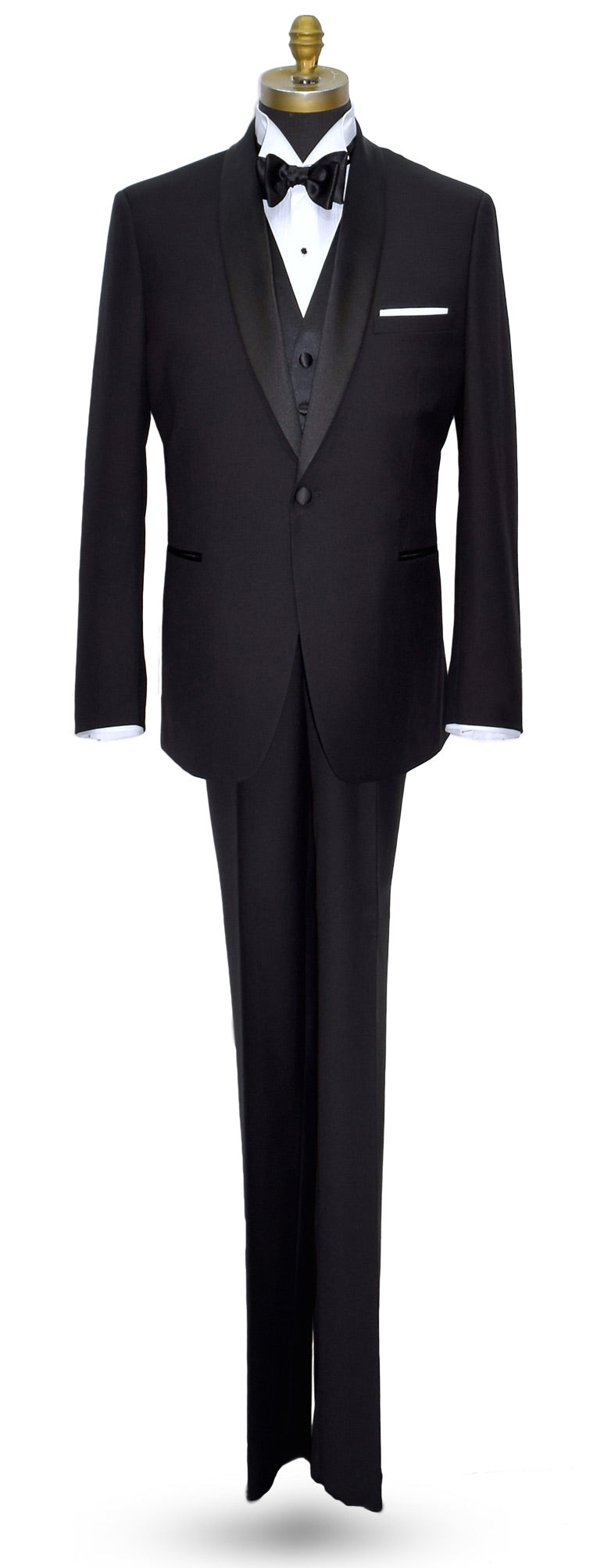 full length front view of a black one button shawl collar tuxedo with  black satin bowtie and black vest