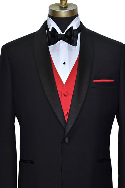 Close up photo of Black shawl collar tuxedo with black satin bow and red satin vest and red pocket handkerchief. 