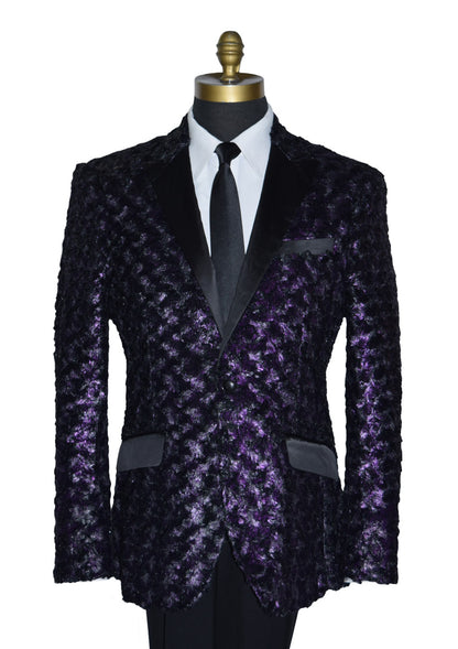 Purple patterned blazer on a mannequin with a white shirt and black skinny satin dress-tie.
