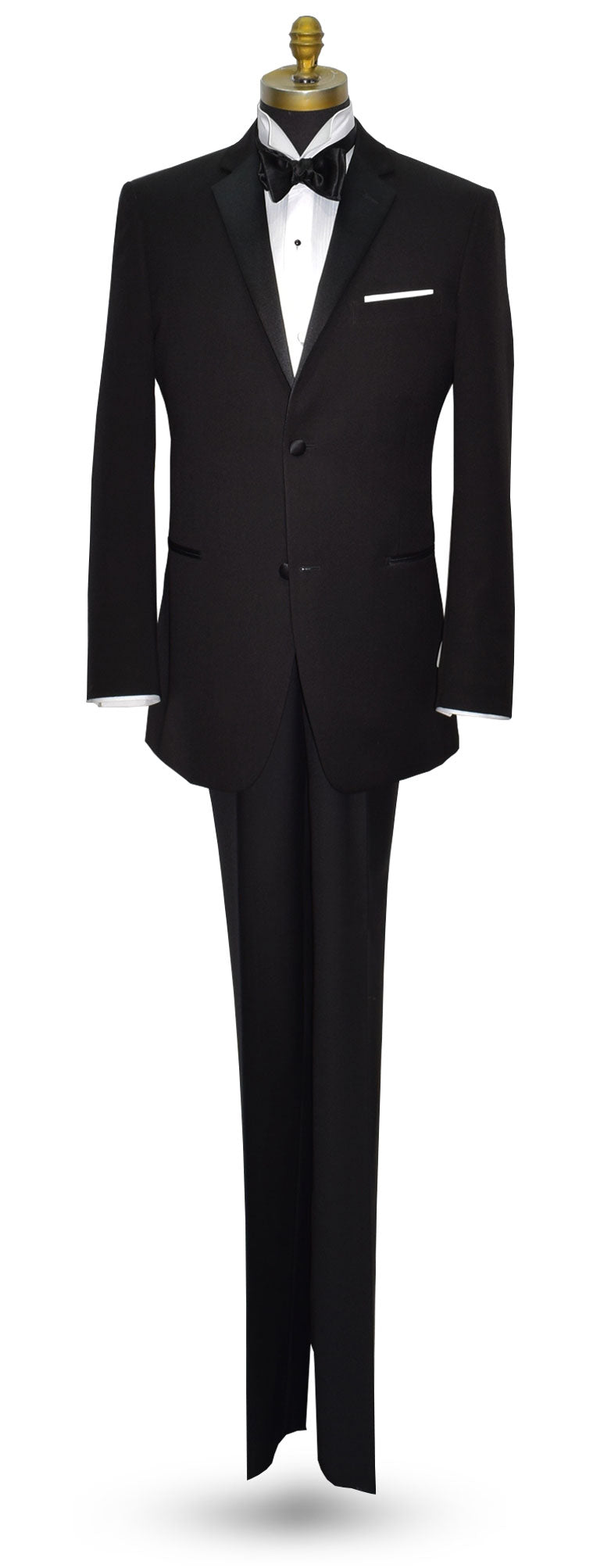 Black notch lapel slim-fit tuxedo with white vest and black satin bowtie