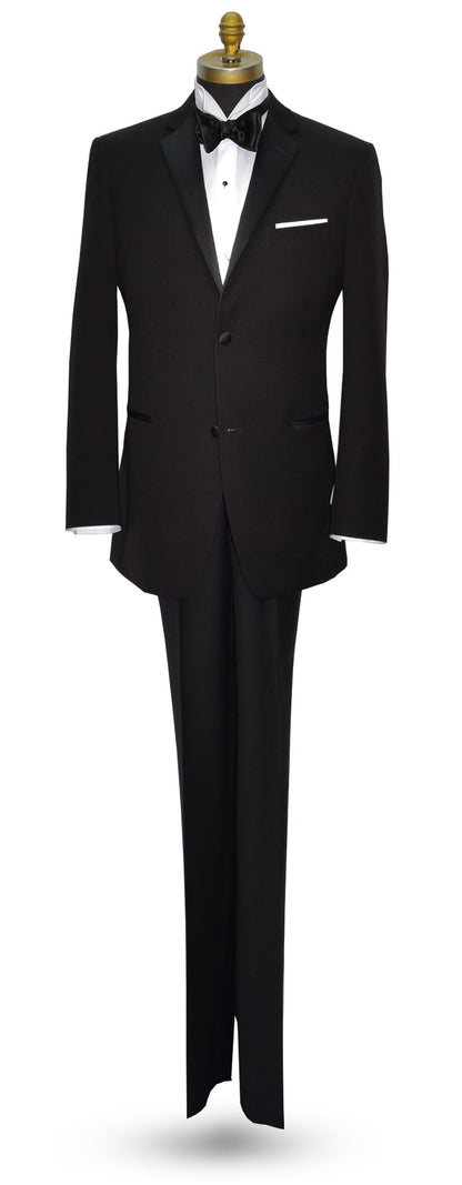 Black notch lapel slim-fit tuxedo with white vest and black satin bowtie