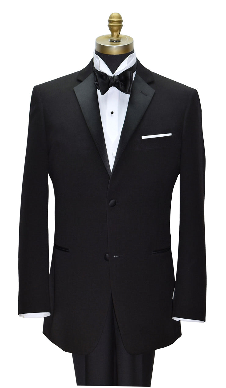 Close up black notch lapel tuxedo with white vest and black satin bowtie.  