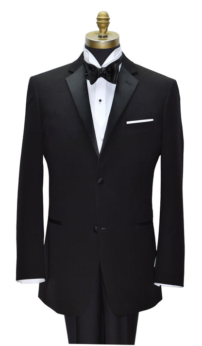 Close up black notch lapel tuxedo with white vest and black satin bowtie.  