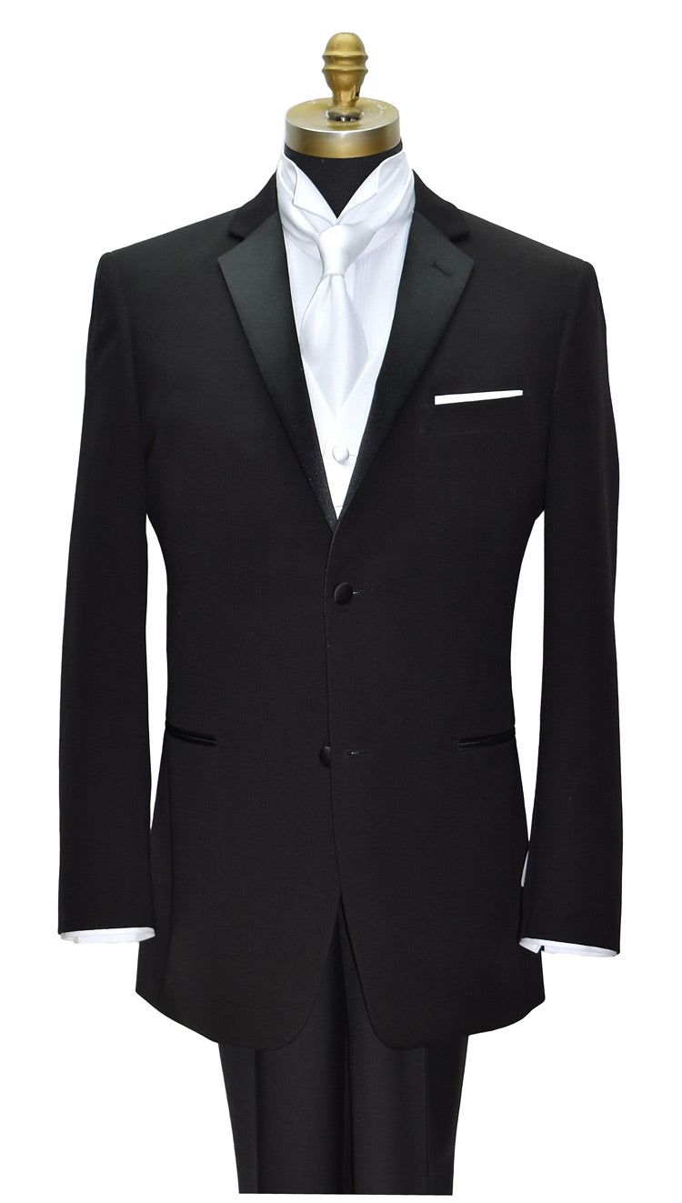 close-up mannequin of black notch lapel tuxedo with white vest and long white satin dress tie. 