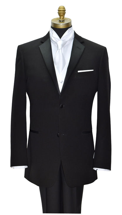 close-up mannequin of black notch lapel tuxedo with white vest and long white satin dress tie. 