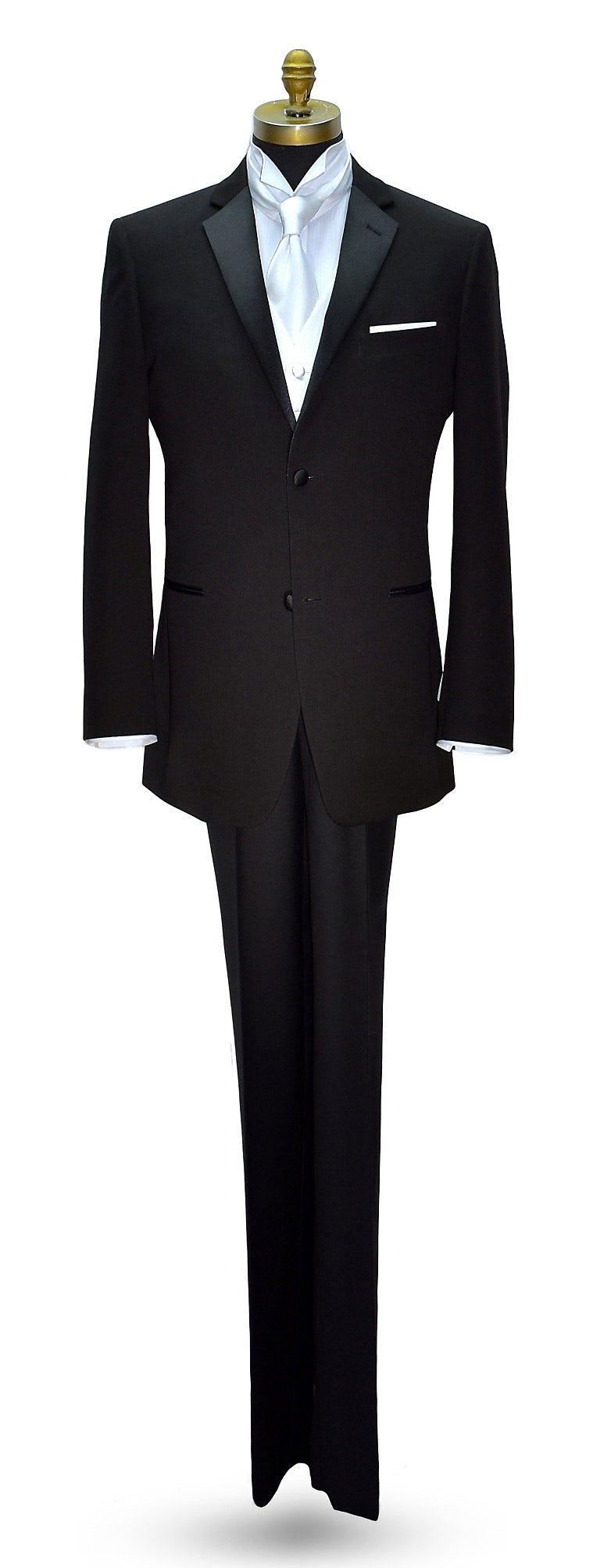 Full length mannequin of black notch lapel tuxedo with white vest and long white satin dress tie. 