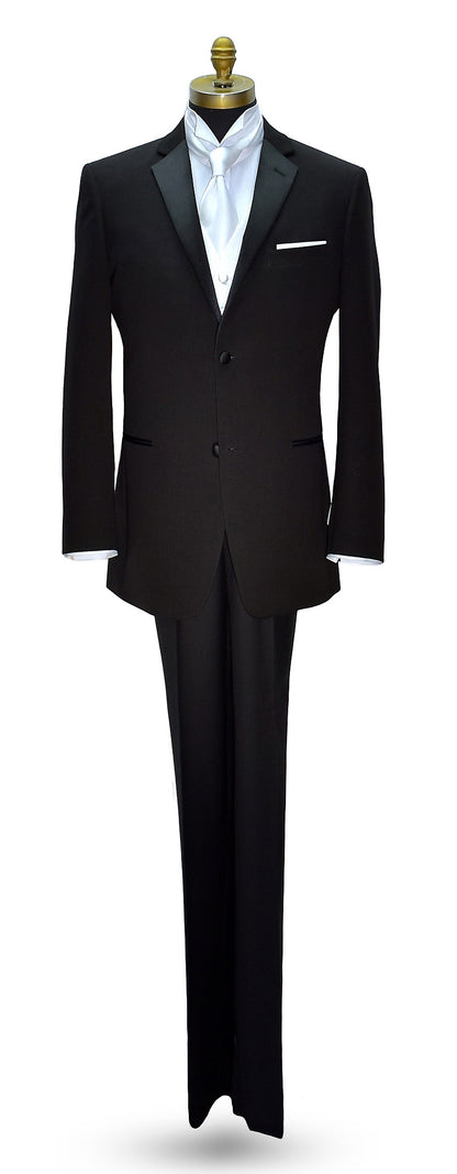 Full length mannequin of black notch lapel tuxedo with white vest and long white satin dress tie. 