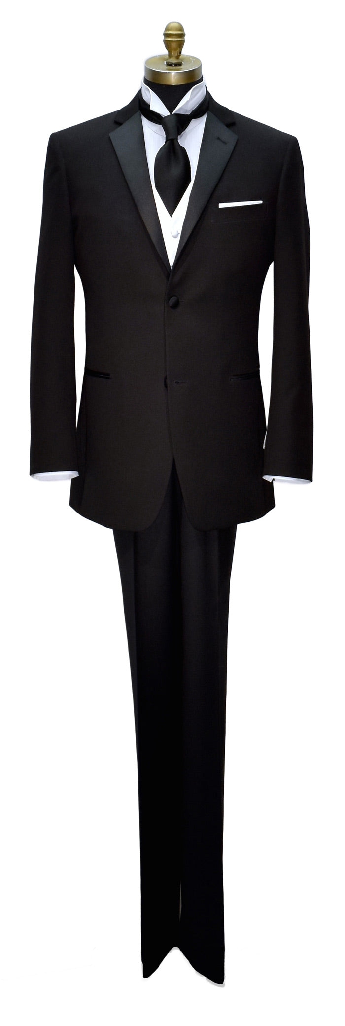 Full length mannequin of black slim-fit notch lapel tuxedo shown with white vest with long black satin dress tie