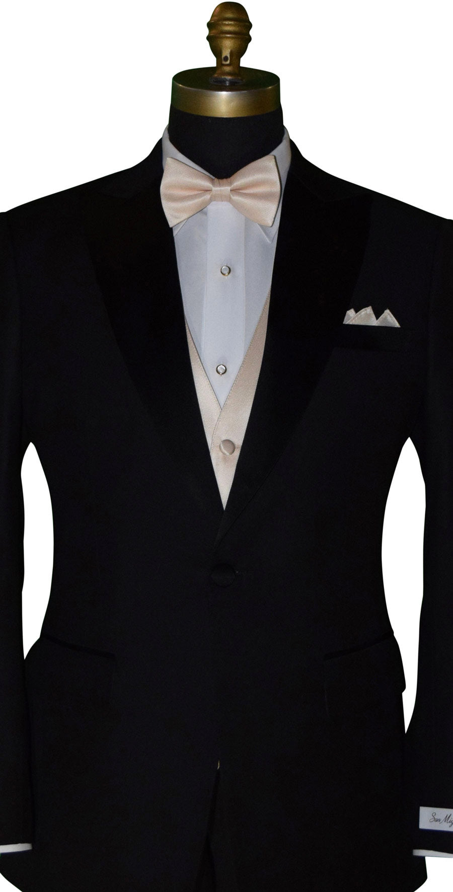 close-up Black tuxedo with champagne tuxedo vest and bow tie on a mannequin against a white background