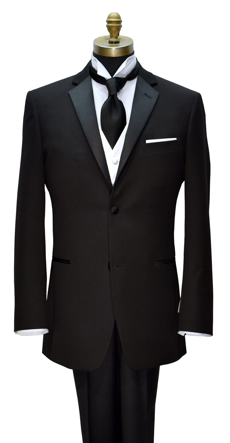 Close up mannequin of black slim-fit notch lapel tuxedo shown with white vest with long black satin dress tie