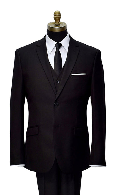 Black suit on a mannequin with a white shirt and black satin skinny dres-tie against a white background