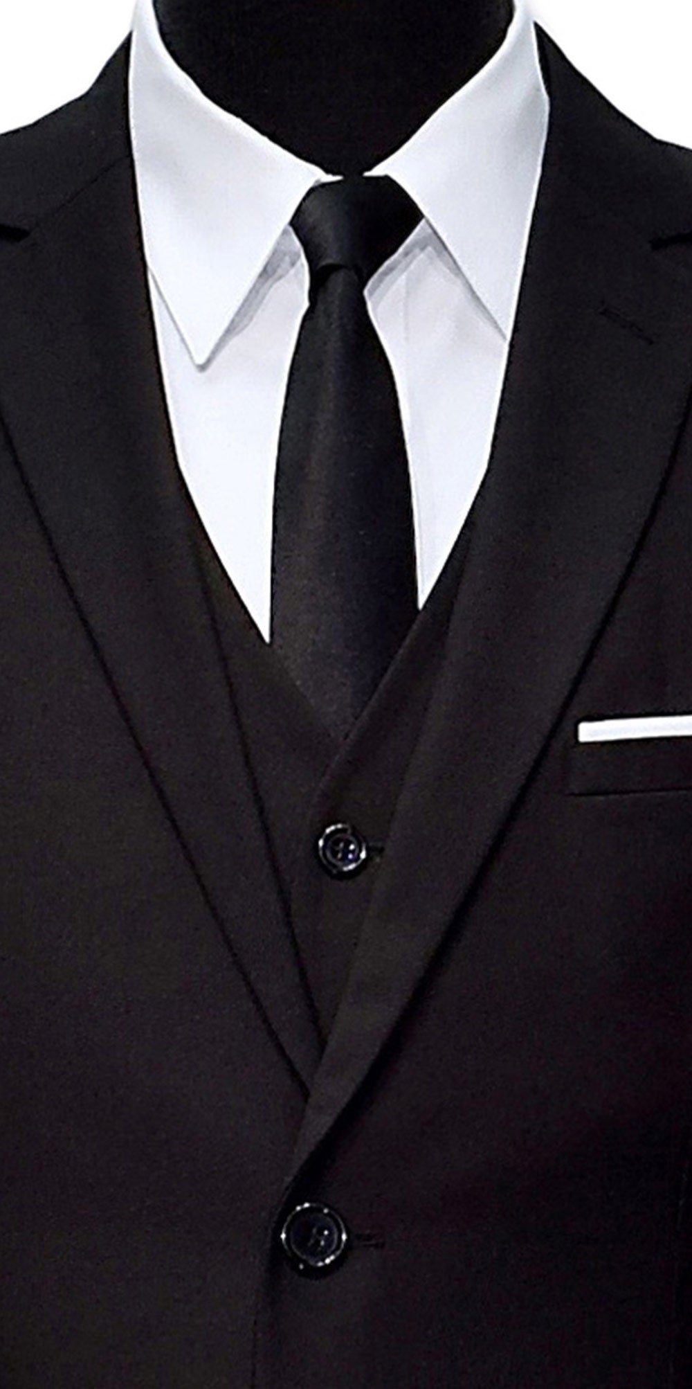 Black suit with white shirt and skinny black-satin dress tie on a mannequin