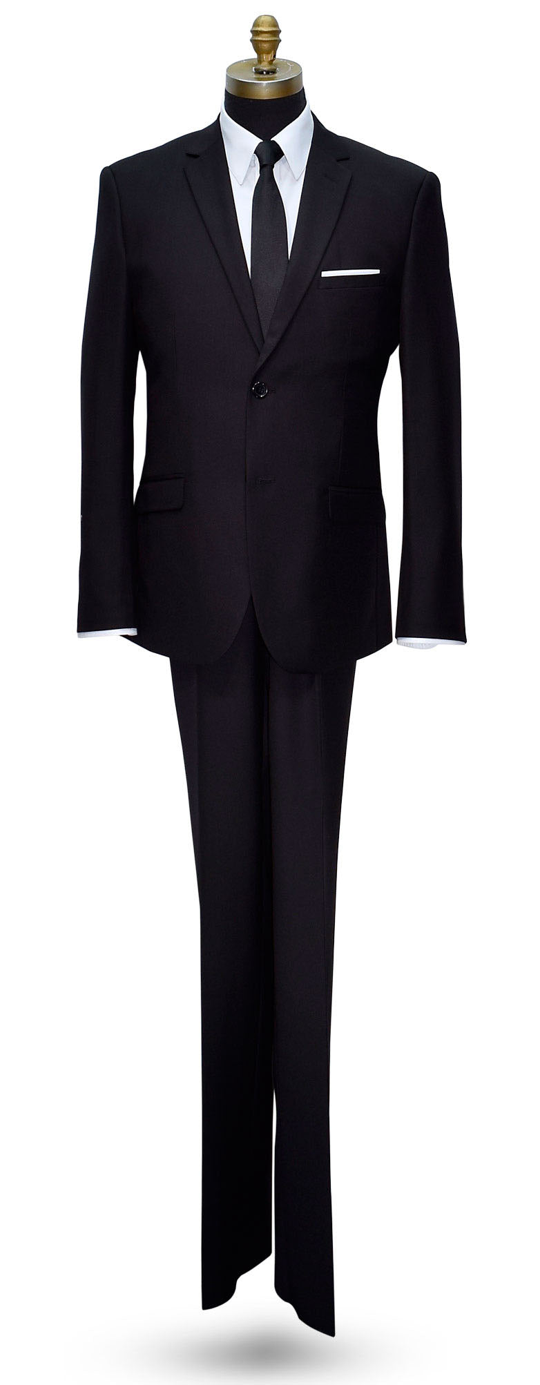 life size mannequin wearing a man's black suit with a white dress shirt and a black satin skinny dress-tie anaginst a white background