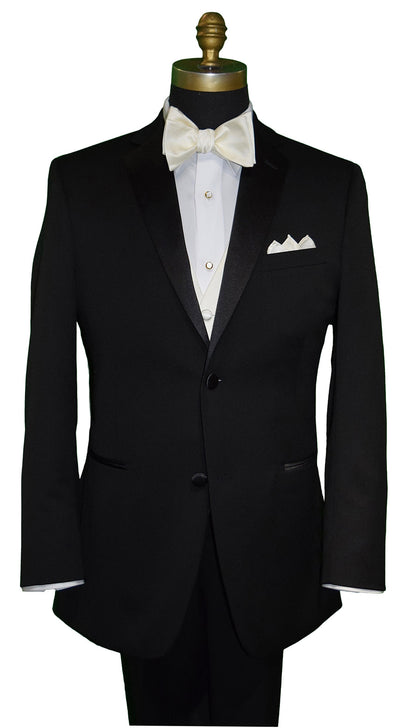Black notch lapel tuxedo shown with a off-white "tie yourself" bowtie and off-white vest and pocket handkerchief