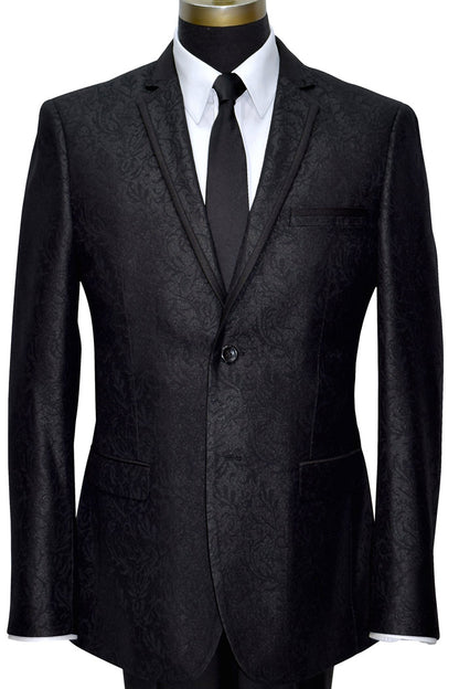 Black suit jacket with white shirt and black satin skinny dress-tie on a mannequin against a white background