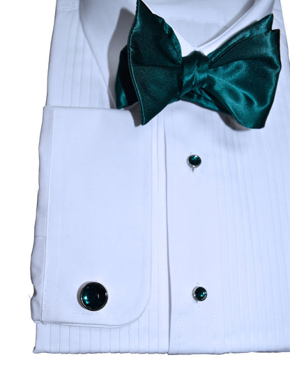 White tuxedo shirt with a green bow tie that "you tie-yourself" on a white background