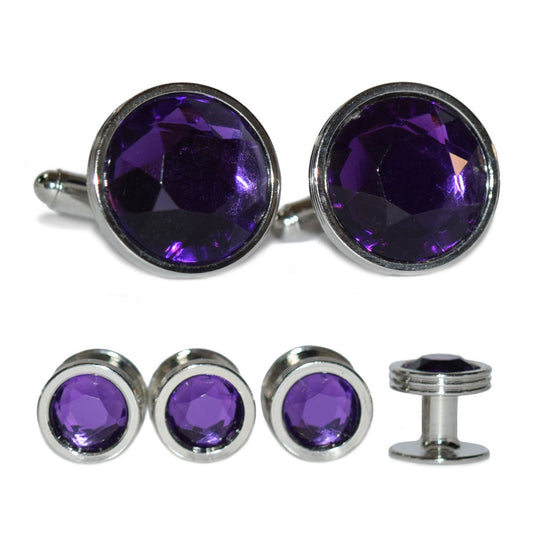 close-up Purple gemstone cufflinks and studs on a white background