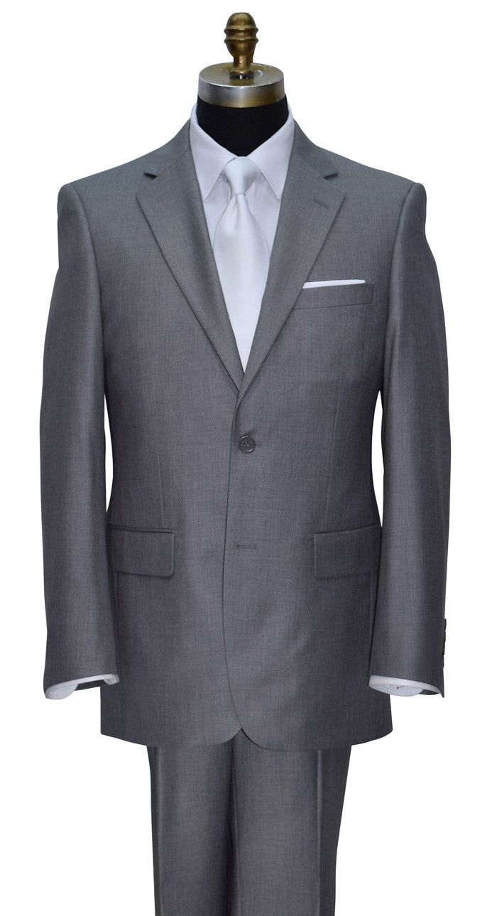 close up of Men's Gray wedding suit with a long white dress tie on a mannequin against a white background