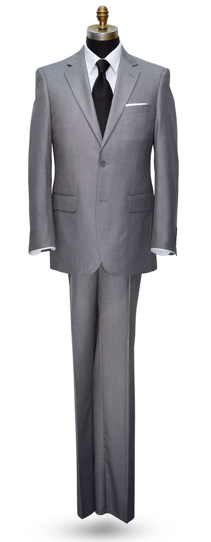 Full mannequin of Heather gray men's suit with a long black dress tie against a white background