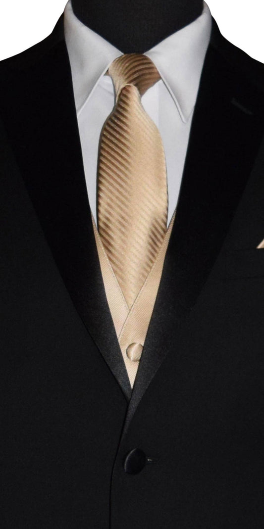 Black suit with a white shirt and golden necktie with a subtle stripe on a white background