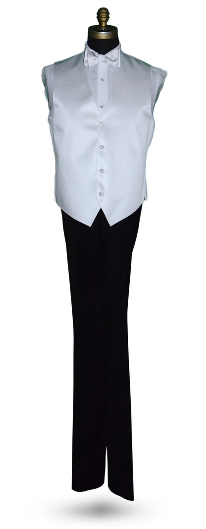 life size mannequin wearing a white four-button tuxedo vest with black tuxedo pants against a white background