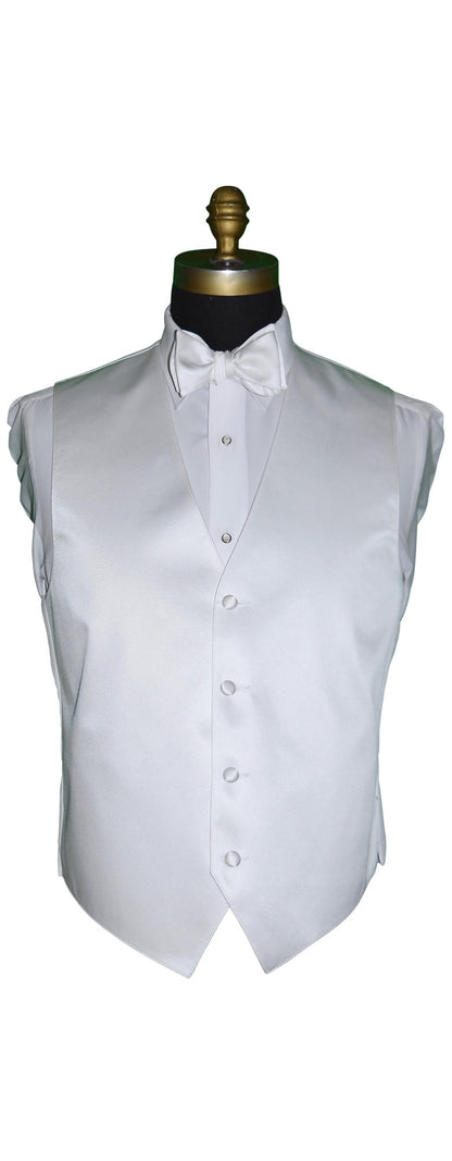 close up front view - white tuxedo vest with 4 buttons shown with a white bowtie and white shirt