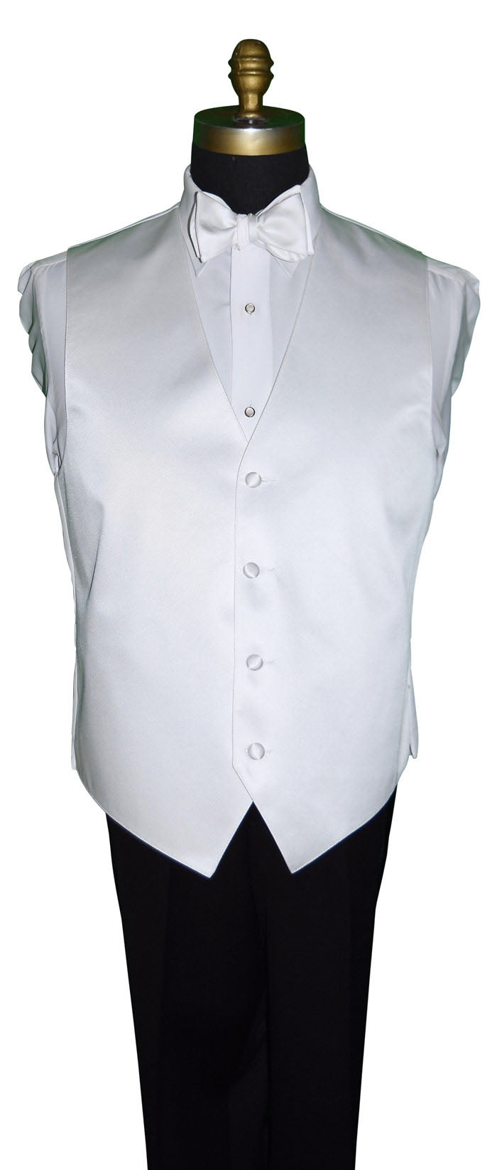 White four-button tuxedo vest on a mannequin with a white background