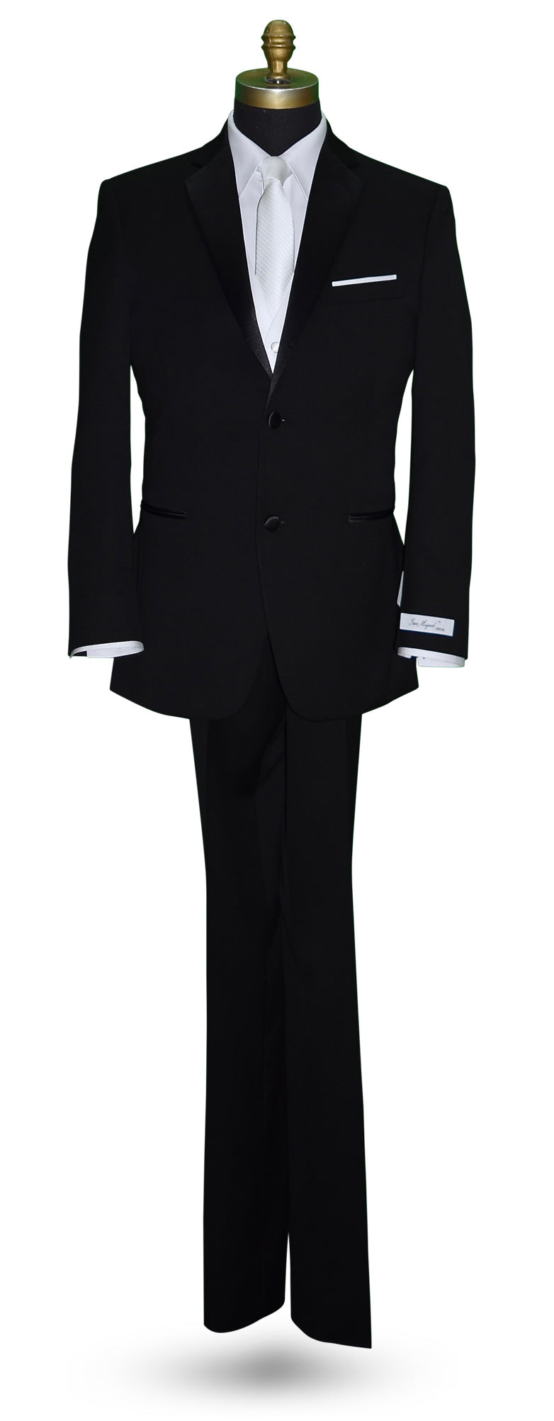 life size mannequin wearing a black notch lapel tuxedo with a white shirt a white bowtie and a white four-button tuxedo vest
