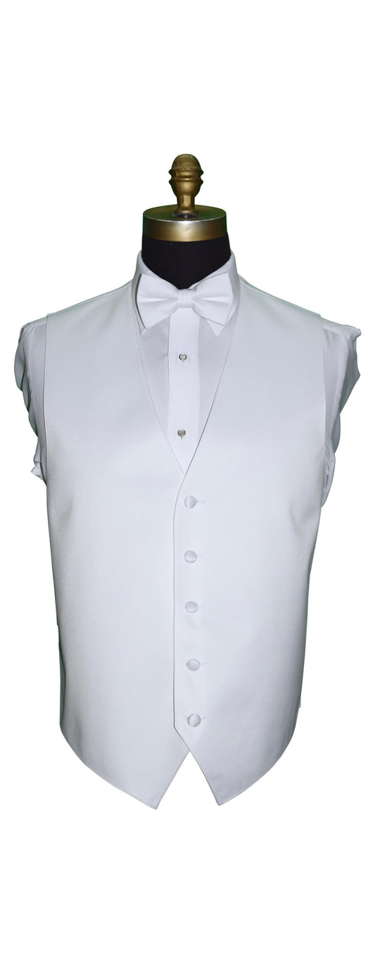 White satin tuxedo vest on a mannequin with a white shirt and bow tie against a white background