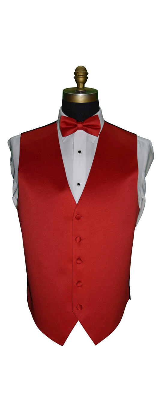 Red satin tuxedo vest with a red bow tie on a mannequin against a white background