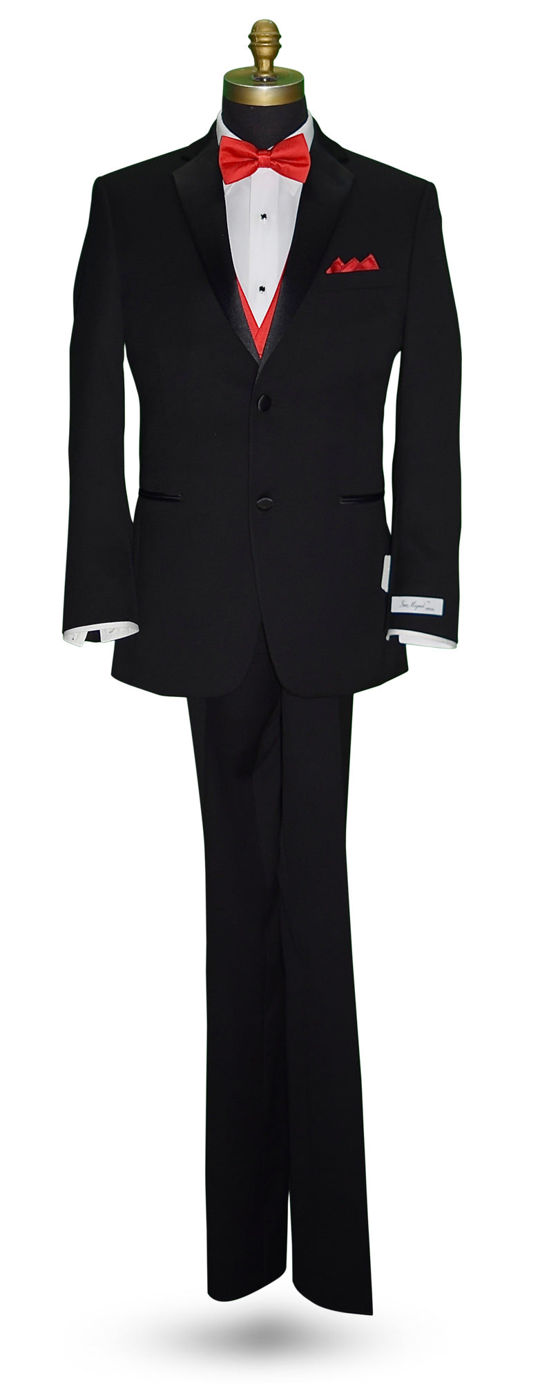 life size mannequin black "San Miguel Especial" notch-lapel tuxedo with a red satin bowtie and red satin tuxedo vest against a white background 
