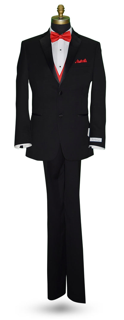 life size mannequin black "San Miguel Especial" notch-lapel tuxedo with a red satin bowtie and red satin tuxedo vest against a white background 