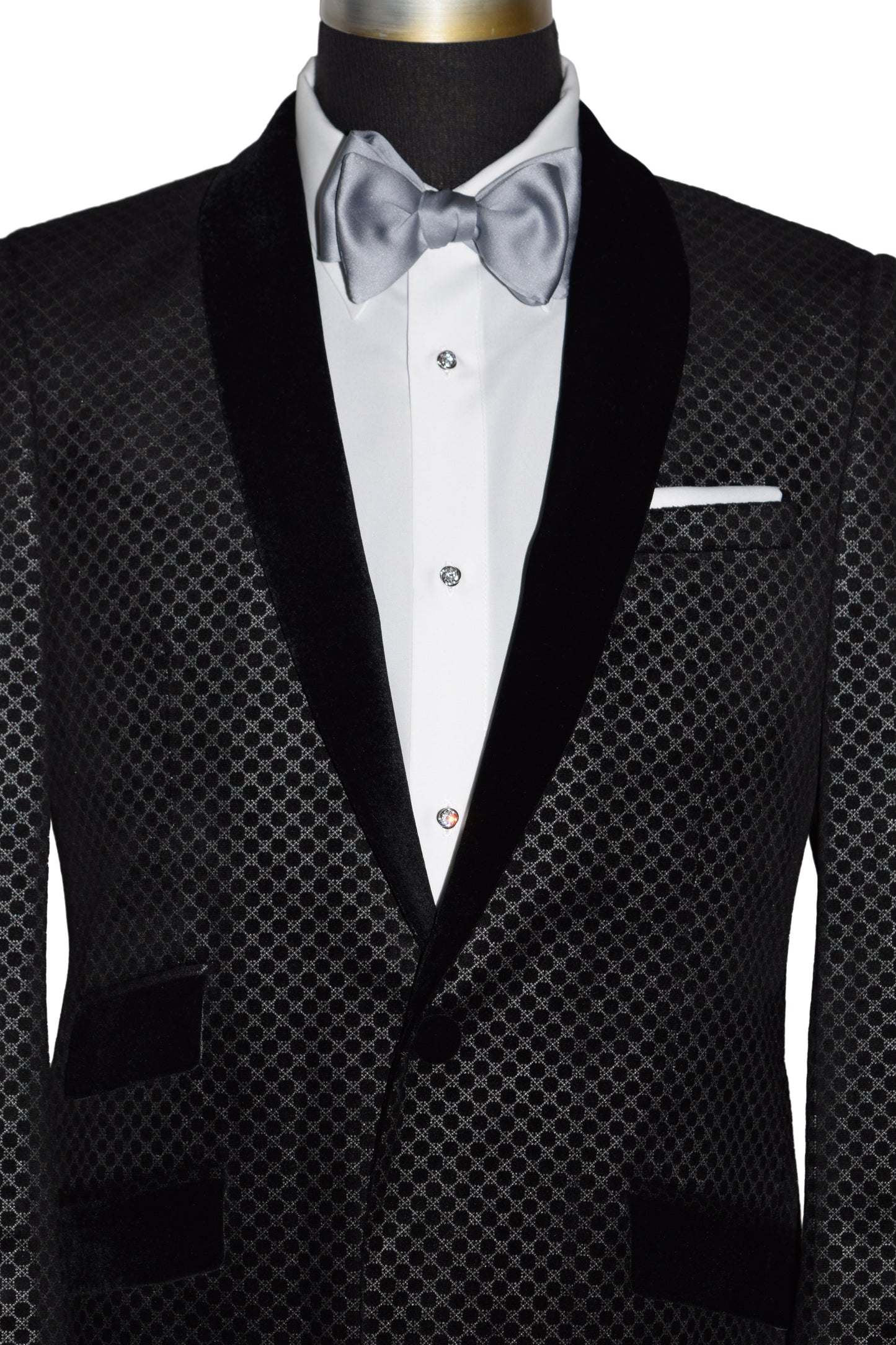 Black Velvet Tuxedo with Silver Geometric Design