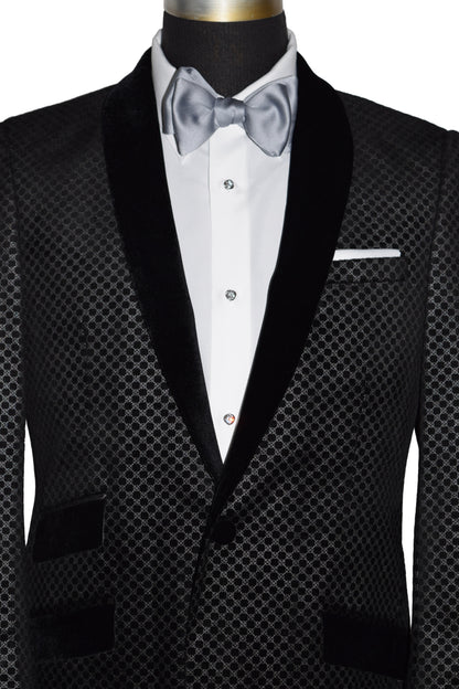 Black Velvet Tuxedo with Silver Geometric Design