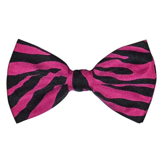 magenta and black zebra print bow tie on a white background