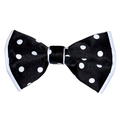 Black bow tie with white polka dots on a white background