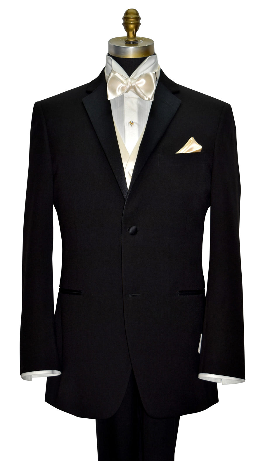 Black slim-fit notch lapel tuxedo by with Ivory tuxedo shirt, ivory satin bow tie and ivory satin vest