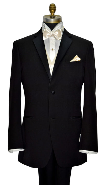 Black slim-fit notch lapel tuxedo by with Ivory tuxedo shirt, ivory satin bow tie and ivory satin vest