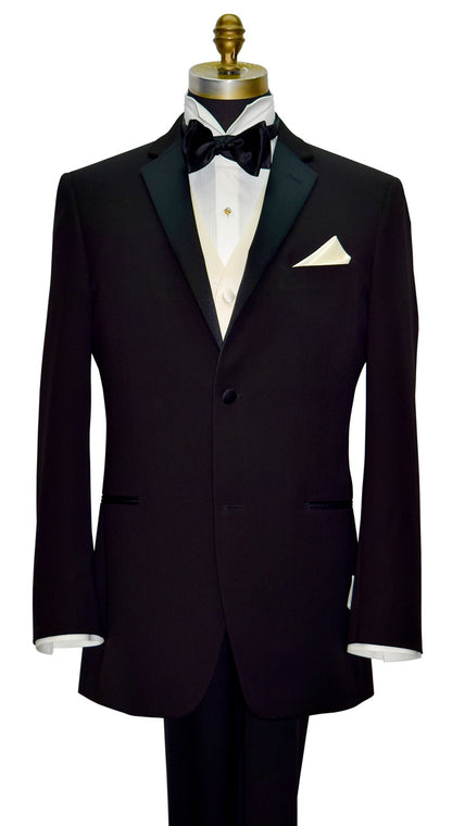 CLOSE UP mannequin of a Black slim-fit notch lapel tuxedo with ivory satin vest and black satin "tie-yourself" bowtie.
