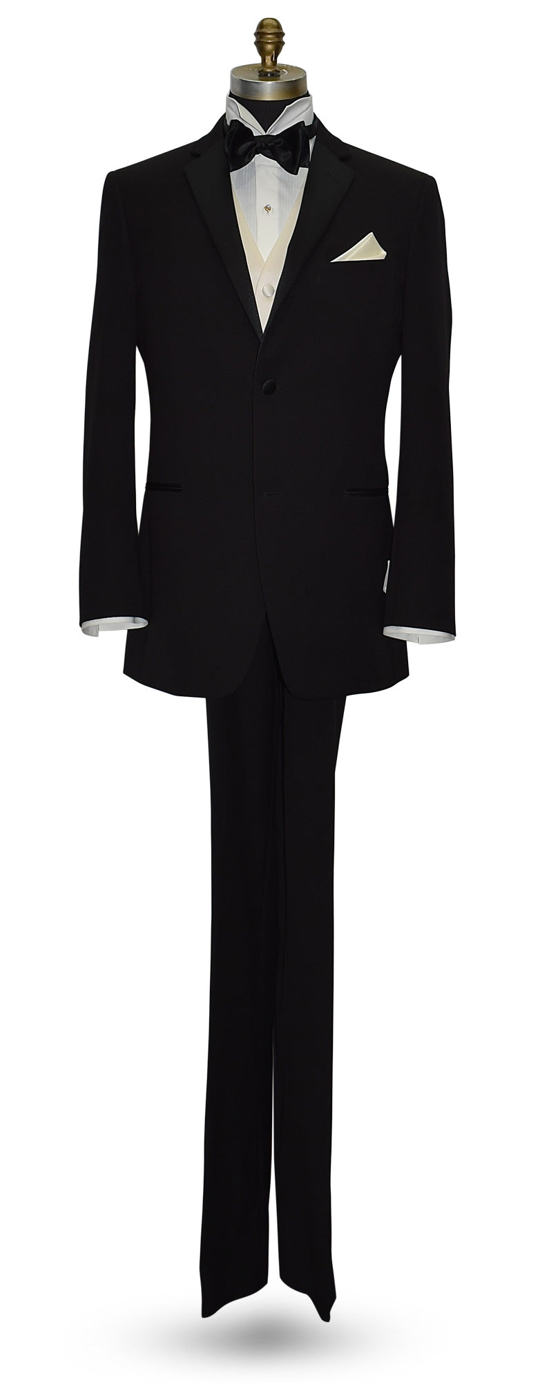 full length mannequin of a Black slim-fit notch lapel tuxedo with ivory satin vest and black satin "tie-yourself" bowtie.